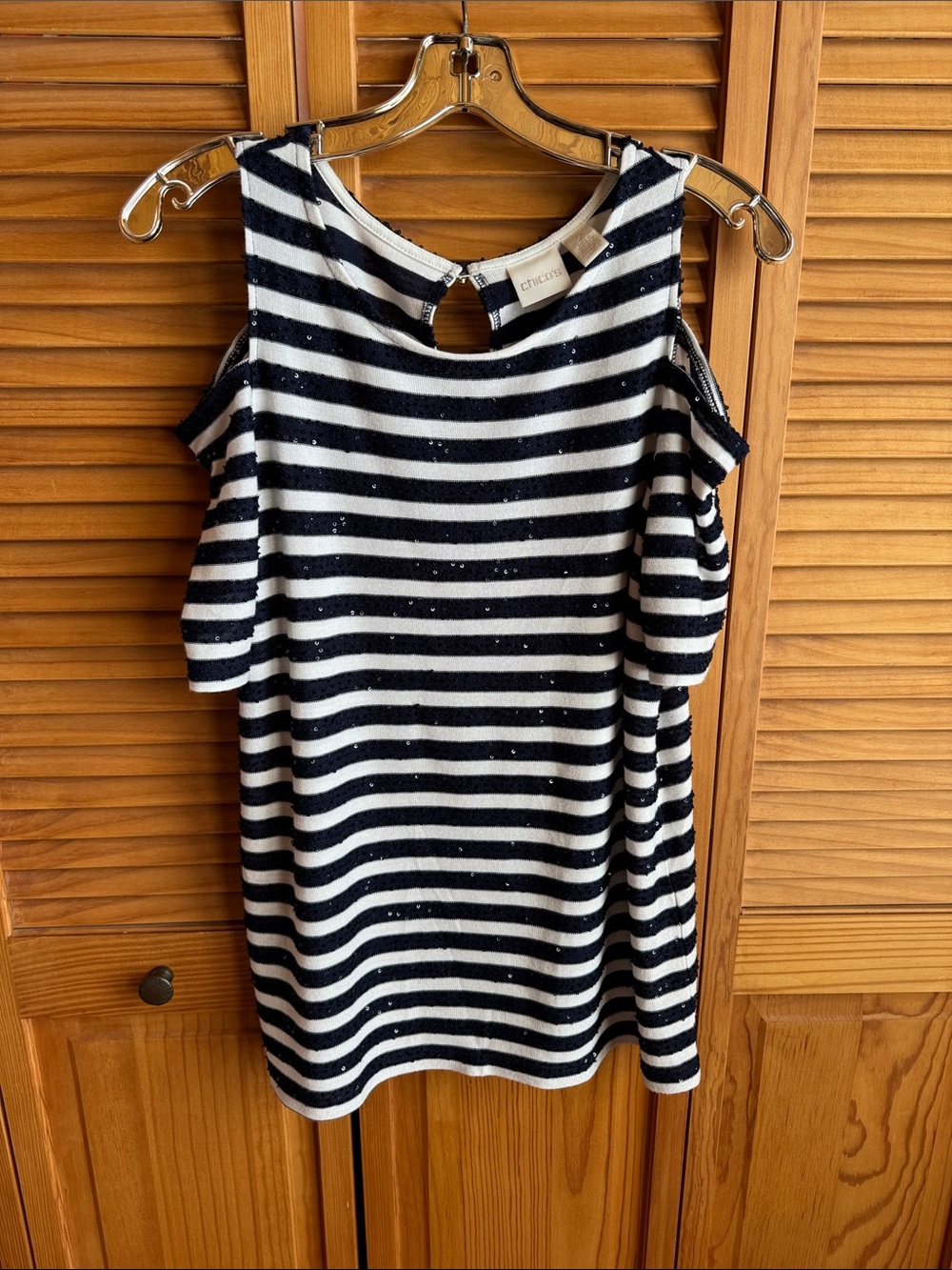 Chico's Navy and White Striped Cold-Shoulder Top